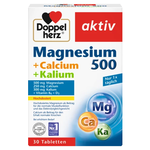 Abbildung der Produktverpackung Doppelherz aktiv Magnesium 500 + Calcium + Kalium Frontansicht
